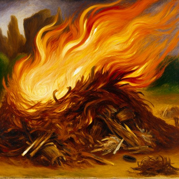 Abstract expressionistisch schilderij van een brandende hoop afval en bladeren in een landelijke achtertuin, met felle vlammen en dynamische penseelstreken