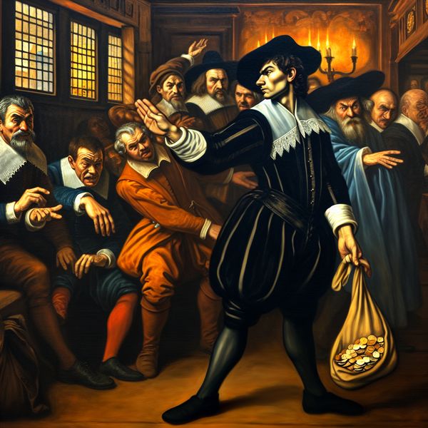 Afvallige in 17e-eeuws Holland: verraad en moreel conflict in de stijl van Frans Hals Dramatische 17e-eeuwse Hollandse scène van een afvallige man die zijn principes verloochent voor geld, geschilderd in de levendige stijl van Frans Hals