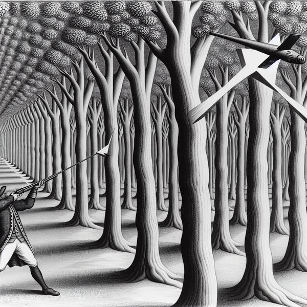 Afvuren van een kogel tijdens de jacht - surrealistische Escher-achtige illustratie Surrealistische jachttafereel geïnspireerd op M.C. Escher met een kogel die uit een geweer wordt afgevuurd in een optisch bedrieglijk boslandschap