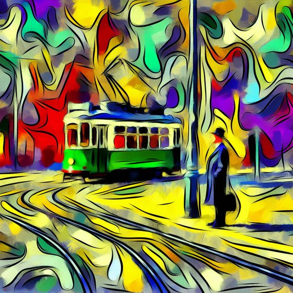 Afwachten betekenis: abstracte voorstelling van wachten op de tram of iemand Abstract expressionistisch schilderij van een persoon die afwacht bij een tramhalte, met dynamische penseelstreken en levendige kleuren