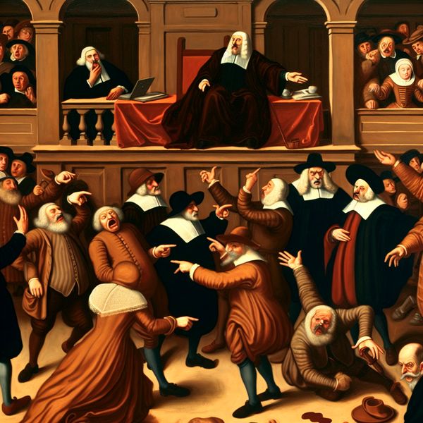 Afwezigheid van bewijs in Nederlandse genrekunst - Jan Steen rechtszaalscène 17e-eeuwse Nederlandse rechtszaal met chaotische scène door afwezigheid van bewijs, in de stijl van Jan Steen
