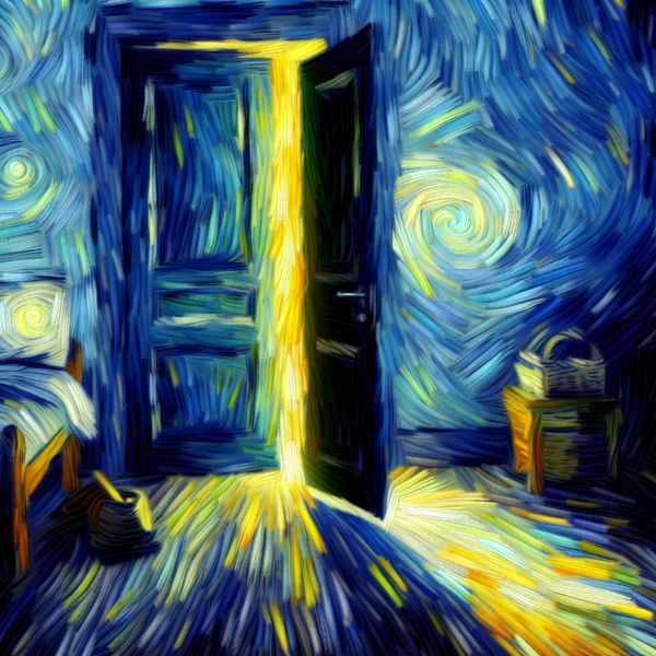 Een gesloten deur met een zwakke lichte gloed die erdoorheen sijpelt, gesymboliseerd door stevige penseelstreken in levendige kleuren, waaronder diepblauw en heldergeel, wat de emotionele zwaarte van afwezigheid uitdrukt.