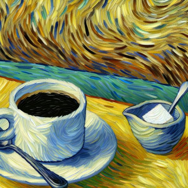 Kunstwerk in Van Gogh-stijl van een gezellige cafétafel met een dampende kop zwarte koffie, een leeg suikerpotje en een lepel, symboliserend afwezigheid