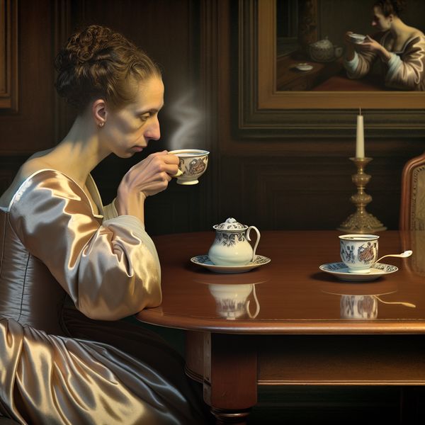 Afwezigheid in Nederlandse koffieceremonie: schilderij in Ter Borch-stijl 17e-eeuws Nederlands interieur met vrouw die koffie drinkt zonder suiker, symboliserend afwezigheid
