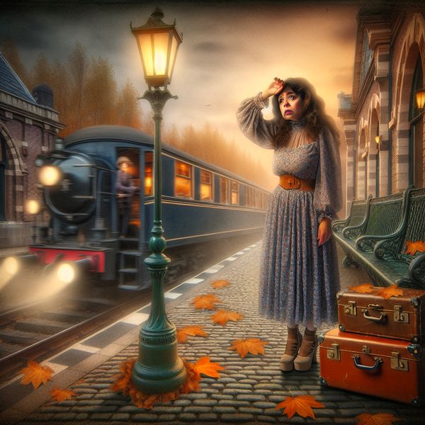 Afwezigheid op het Treinstation - Missen van de Trein Jonge vrouw op het treinstation met een bezorgde uitdrukking terwijl een trein vertrekt, omringd door vintage koffers.