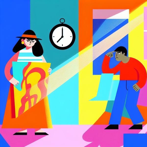 Afwijken van het plan: Verwarring en afleiding in een kleurrijke kamer Twee personages in een kleurige, minimalistische kamer, één met een grote kaart die verward is en naar de kaart wijst, de ander kijkt afgeleid naar een klok.