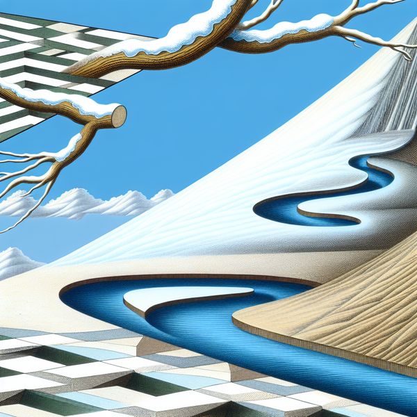 Afwijking in een surrealistisch landschap met rivier en heuvel Surrealistisch landschap met een rivier die om een steile heuvel kronkelt, onderbroken door een sneeuwbedekte tak. De afbeelding toont een optische illusie van een onmogelijk pad en benadrukt het concept van afwijking van een rechte lijn.