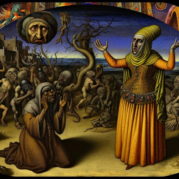 Afwijzing en Hoop in Surrealistische Schilderkunst Een vrouw staat vastberaden met een afwijzende gebaar, terwijl een figuur klaagt en hoopvol reikt in een surrealistische omgeving vol bizarre wezens.