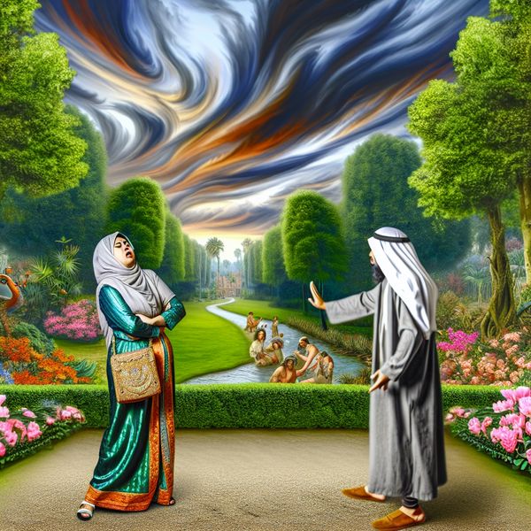 Afwijzing in een sereen parklandschap Een vrouw in een park die met haar armen over elkaar staat en nee schudt tegen een man die haar uitnodigt om een pad te bewandelen, terwijl dramatische wolken een intens landschap creëren.