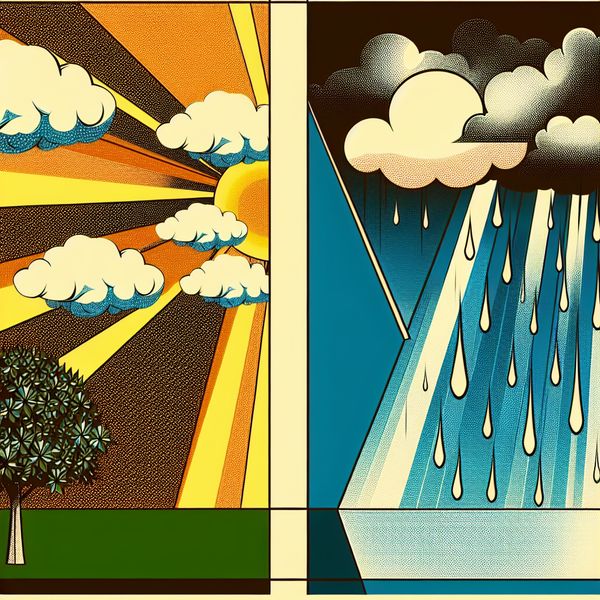 Afwisselend weer illustratie - dynamische taalleer afbeelding voor Nederlands Retro-futuristische illustratie van afwisselend weer met zonnige en stormachtige helften, symboliserend het concept 'afwisselend' voor taalonderwijs