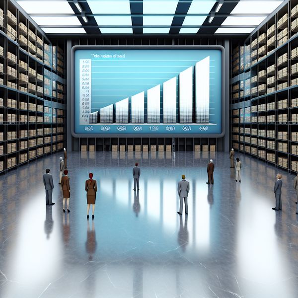 Afzetgrafiek verkochte producten in surrealistisch bedrijfskantoor Hyperrealistisch surrealistisch kantoor met digitale grafiek van stijgende afzet van smartphones, weergegeven als 'totale hoeveelheid verkochte goederen'