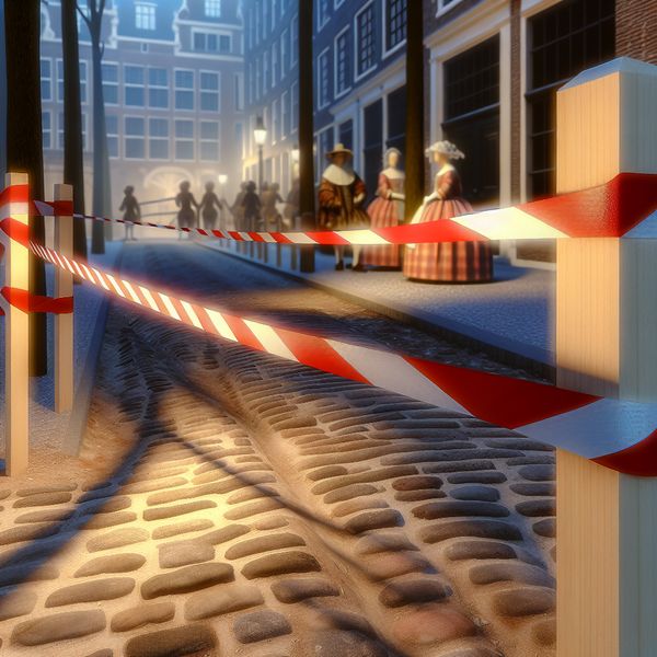 Afzetlinten bouwplaats markeren grens in historische setting Historische straathoek met rode-en-witte afzetlinten rond een bouwplaats, stijl van Vermeer