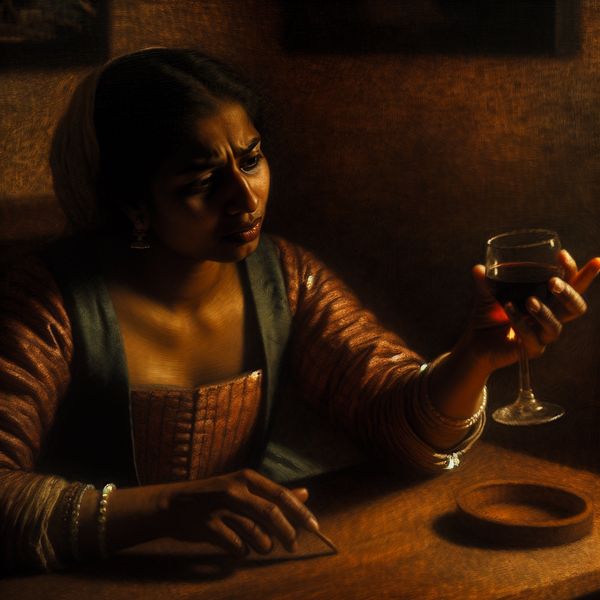 Vrouw zet resoluut een glas wijn neer in een Rembrandt-achtige scène, symbool voor zelfbeheersing en afzien