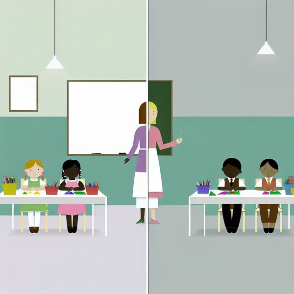 Afzonderen in de klas: Groepsindeling door de leraar Een leraar die vier diverse kinderen in een klaslokaal in twee groepen scheidt voor een project.