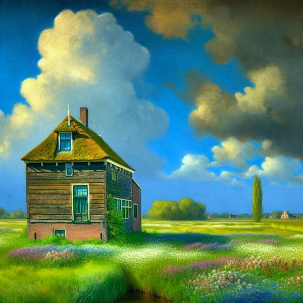Een afgelegen appartement in een groene weide, gescheiden van een groter huis, met bloeiende bloemen en een dreigende luchten.