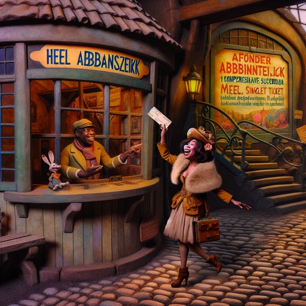 Vrolijke persoon koopt een afzonderlijk treinkaartje bij een nostalgische treinkaartjesloket in een sprookjesachtige setting