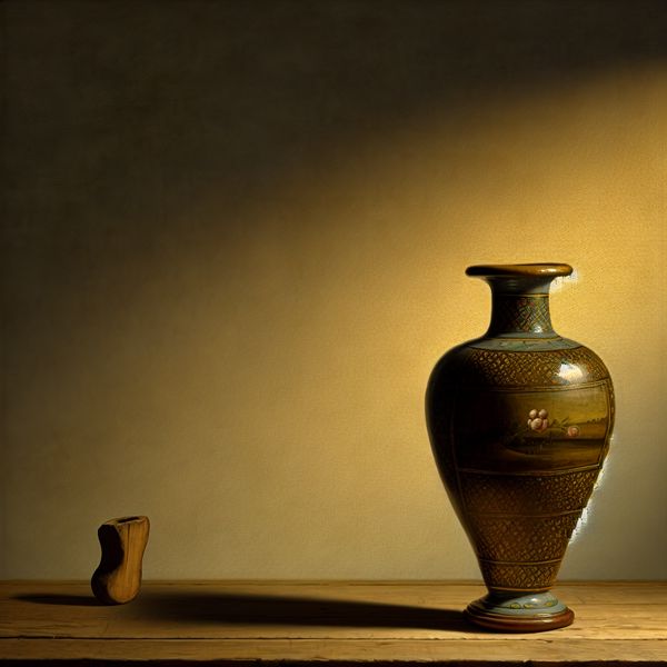 Afzonderlijk vaasje in serene setting Een prachtig, gedetailleerd vaasje dat alleen op een houten tafel staat, tegen een zacht verlichte muur.