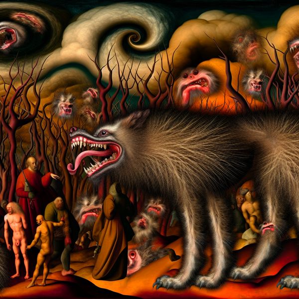 Hond met symptomen van rabiës in surrealistische omgeving A menacing dog with bared teeth showcasing signs of rabies in a dark and twisted landscape, embodying aggression and disease.