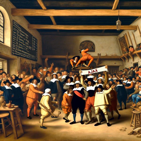 Historische taverne-scène met voetbalwedstrijd waarin Ajax een voorsprong neemt, geschilderd in de humoristische stijl van Jan Steen