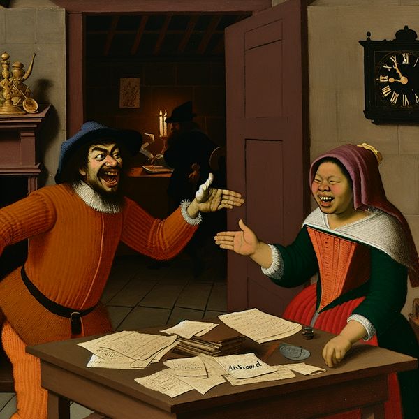 Akkoord betekenis: vriendelijke instemming in Nederlandse huiskamer uit de Gouden Eeuw 17e-eeuws Hollands interieur met twee mensen die instemmend 'akkoord' gesticuleren, in de stijl van Jan Steen