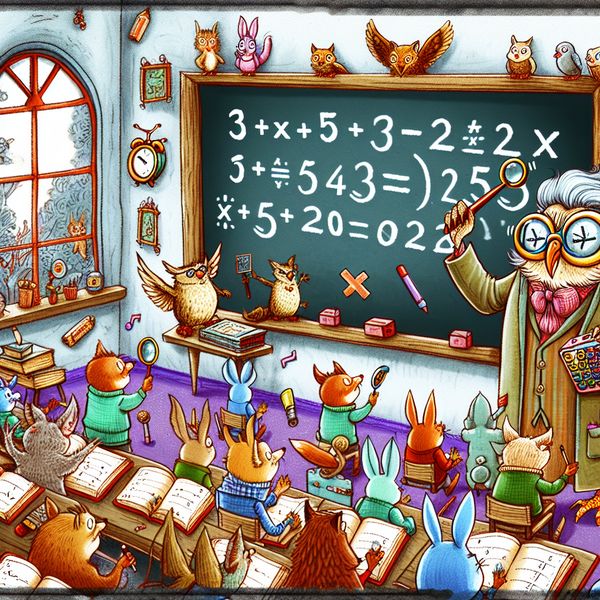 Karikatuur van een levendige klas met dieren die algebra leren, waarbij een uil-docent een vergelijking zoals '3x + 5 = 20' uitlegt met een vergrootglas op het gelijkheidsteken