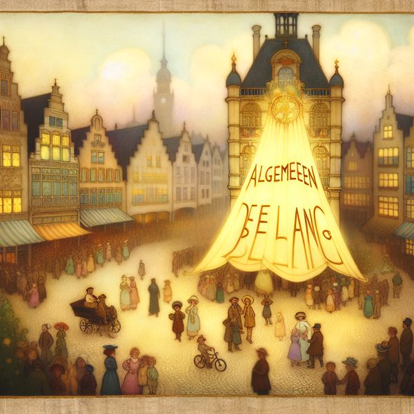 Algemeen belang en gemeenschappelijk nut in nostalgische stadsscène Sfeervol stadplein met vrolijke mensen onder een stralende banier met 'Algemeen Belang', symboliserend gemeenschappelijk nut en welzijn in nostalgische stijl