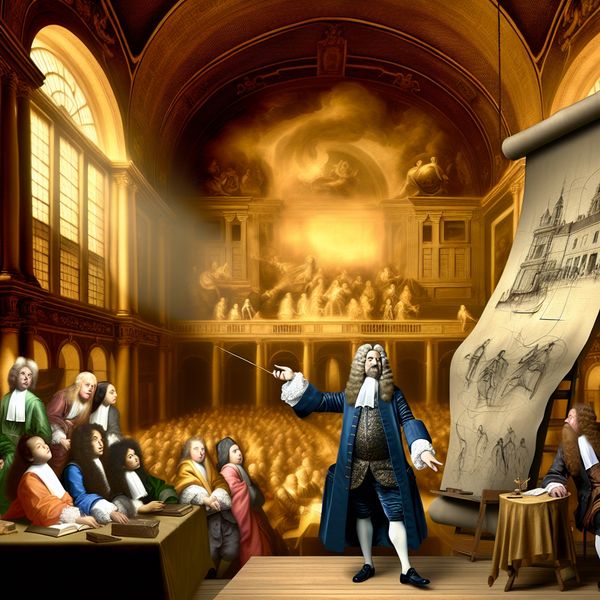 Barokke klas met leraar die een algemeen overzicht van de Nederlandse geschiedenis toont op een grote kaart aan nieuwsgierige studenten