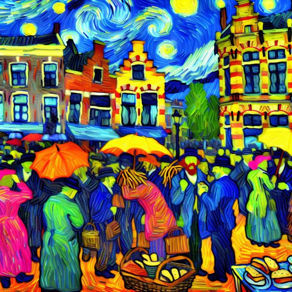 Drukke Nederlandse marktstraat in Van Gogh-stijl met wervelende penseelstreken en anonieme mensen onder bewolkte lucht
