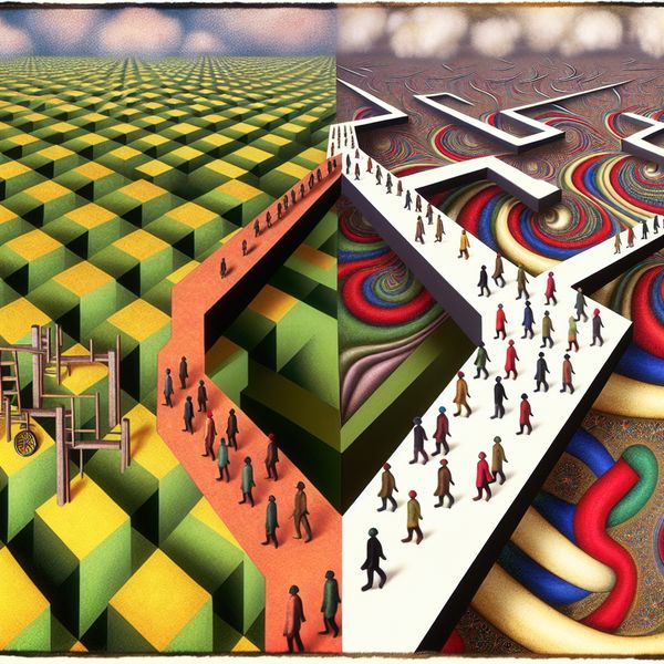 Surrealistische voorstelling van een alternatieve keuze met optische illusies in de stijl van M.C. Escher, met twee paden in een geometrisch landschap