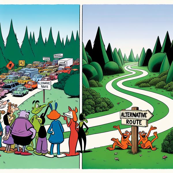 Alternatieve route keuze: bospad versus drukke snelweg in cartoonstijl Karikaturale groep personages bij een tweesprong: links een drukke, geblokkeerde snelweg en rechts een schilderachtig bospad als alternatieve route