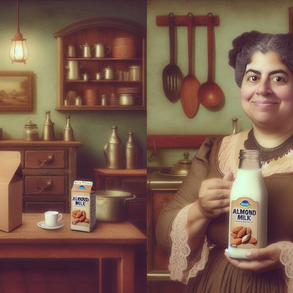 Amandelmelk als gezonde vervanging voor gewone melk in nostalgische keuken Persoon houdt fles amandelmelk vast in een nostalgische keuken met een pak gewone melk op het aanrecht, ter illustratie van vervanging