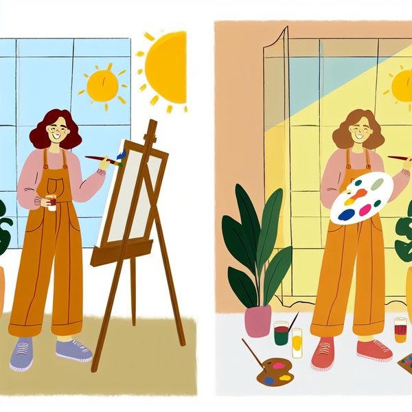 Amateur schilderen als liefhebberij: ontspannen hobby in minimalistische illustratie Vrolijke amateur-schilder in zonnige kamer met schildersezel waarop 'Alleen voor de lol' staat, minimalistische stijl van Dick Bruna