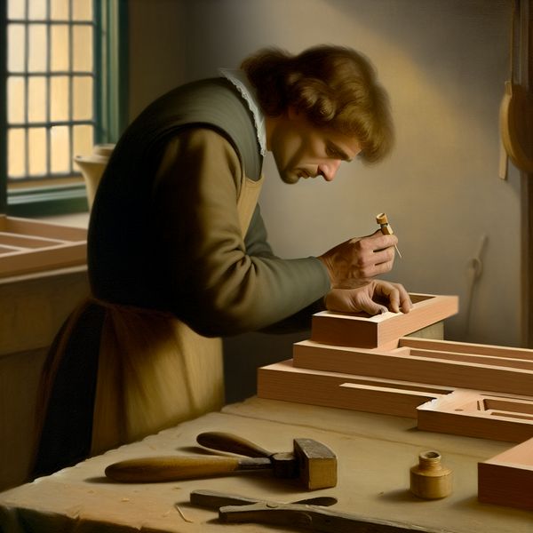 Lijmen van houten stukken door ambachtsman Ambachtelijke vakman lijmt zorgvuldig twee houten stukken aan elkaar in een sfeervol verlichte ruimte.