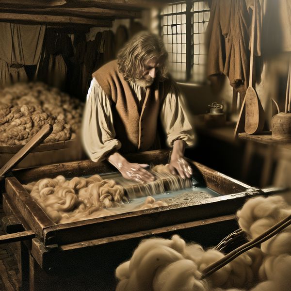 Ambachtsproces van vilt maken: traditionele textielbewerking in de 17e eeuw 17e-eeuwse ambachtsman maakt vilt van wol door wrijving met water en zeep in een traditioneel Nederlands interieur