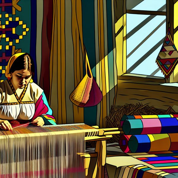 Ambachtelijk Weven van Traditionele Tapestries in een Workshop Artisan die traditionele wandtapijten weeft in een sfeervolle werkplaats, met kleurrijke garens en een handgeweven tas in aanbouw.