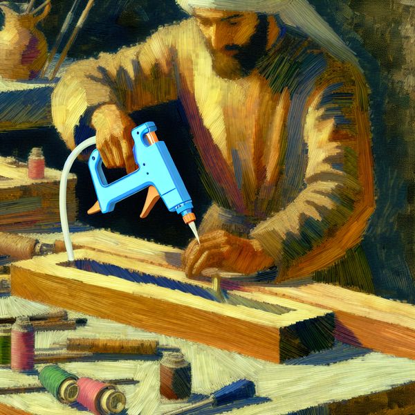 Ambachtsman gebruikt een lijmpistool om nauwkeurig lijm aan te brengen op een stuk hout in een levendige werkplaats, geschilderd in de stijl van Frans Hals