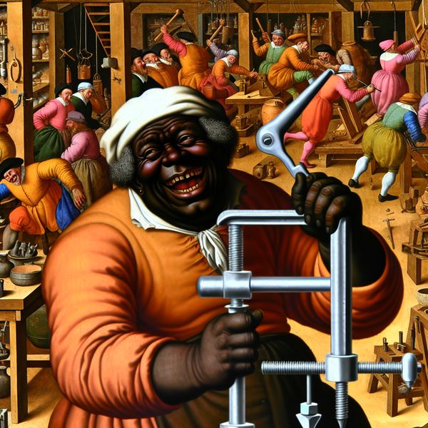 Vrolijke ambachtsman gebruikt klem in werkplaats voor mechanisch werk Een vrolijke ambachtsman in een werkplaats die een klem gebruikt om een schroef te fixeren terwijl hij boort, omgeven door verschillende gereedschappen en materialen.