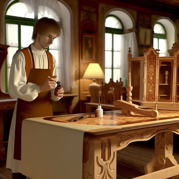 Vakkundige ambachtsman in retrofuturistische stijl werkt aan houten eettafel