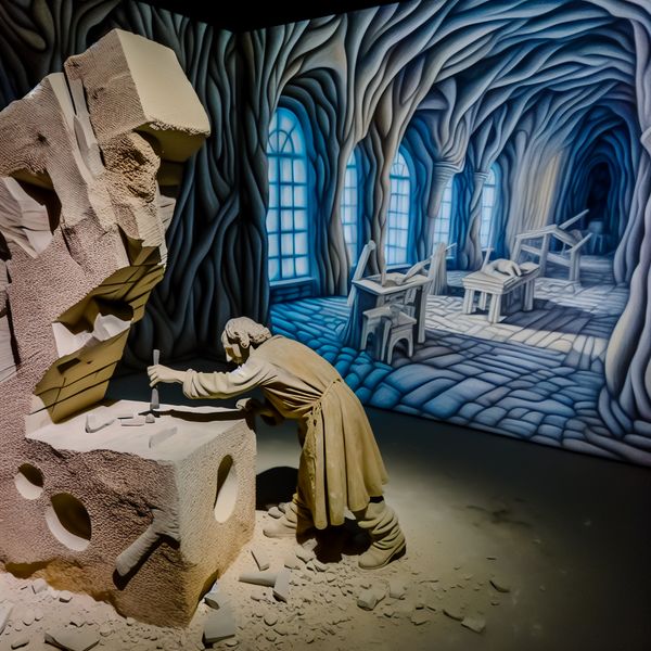 Ambachtsman Werkt Aan Ruwe Steen Voor Sculptuur Een ambachtsman werkt aan een ruwe steen met een beitel in een goed verlichte kunstenaarsstudio.