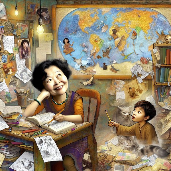 Ambitieuze schrijfster in een levendige studeerkamer Jonge vrouw aan bureau, dromend over haar toekomst als schrijfster, omgeven door boeken en een wereldkaart.