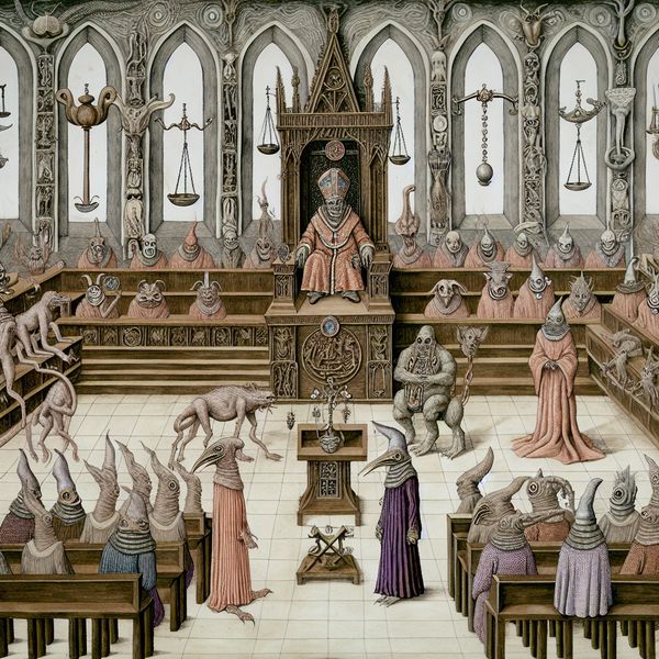 Surrealistisch tafereel in de stijl van Jheronimus Bosch van een wezen dat een ambt aanvaardt in een bizarre politieke raadszaal met hybride figuren en symbolische elementen