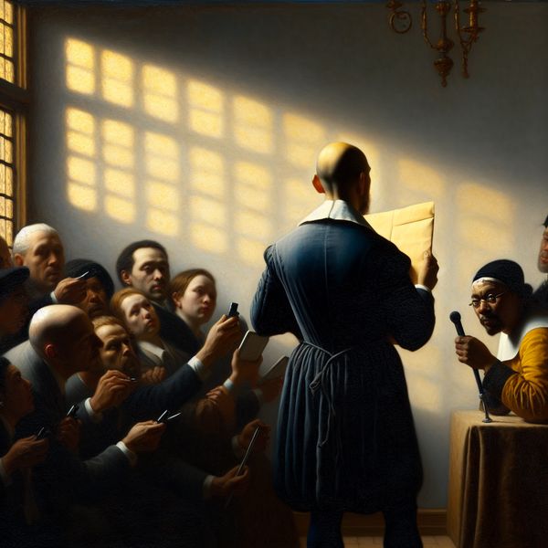 Gedetailleerde Vermeer-stijl schilderij van een ambtenaar die informatie weigert aan teleurgestelde journalisten in een zonovergoten kamer
