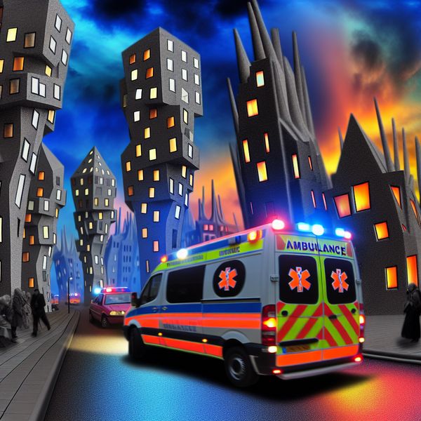 Een hyperrealistisch beeld van een ambulance die door een drukke stad rijdt tijdens de schemering, met flitsende sirenes en surrealistische gebouwen op de achtergrond.