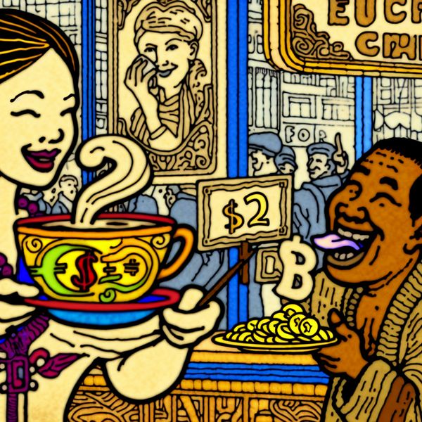 Dollar als munteenheid van de Verenigde Staten - educatieve cartoonillustratie Karikaturale café-scène met barista die een kop koffie met dollarteken aanbiedt en reiziger die euro's wisselt voor dollars
