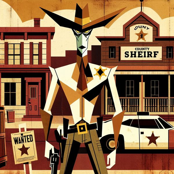 Sheriff in Amerikaans stadje: hoofd van lokale politie en wetshandhaving Retro-futuristische illustratie van een sheriff in een Amerikaans stadje, met sterbadge, hoed en revolver, voor de rechtbank met 'SHERIFF'-bord