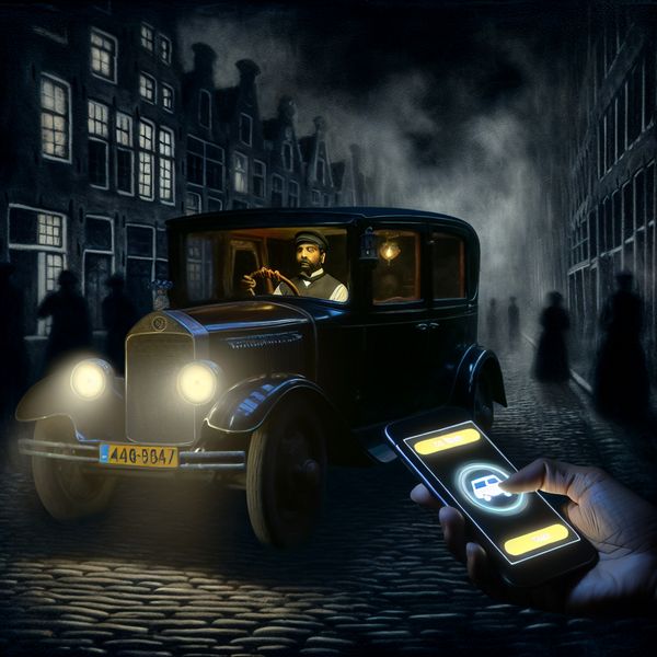 Taxibedrijf in Amsterdam: klassieke taxi en moderne app voor nachtdiensten Vintage taxi in mysterieus nachtelijk Amsterdam met smartphone en taxidienst-app, symboliserend de verbinding tussen traditie en moderne technologie