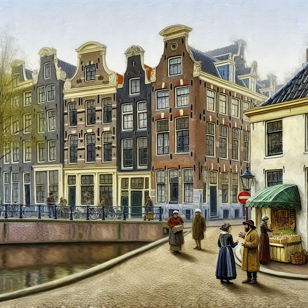 17e-eeuwse Nederlandse straathoek met café op de kruising van Prinsengracht en Leidsestraat in Amsterdam, elegante stadsgezichten in Ter Borch-stijl