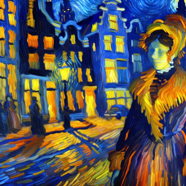 Vrouw in 19e-eeuwse kleding in sfeervolle Amsterdamse straat bij nacht, geschilderd in Van Gogh-stijl met expressieve penseelstreken en dramatische belichting