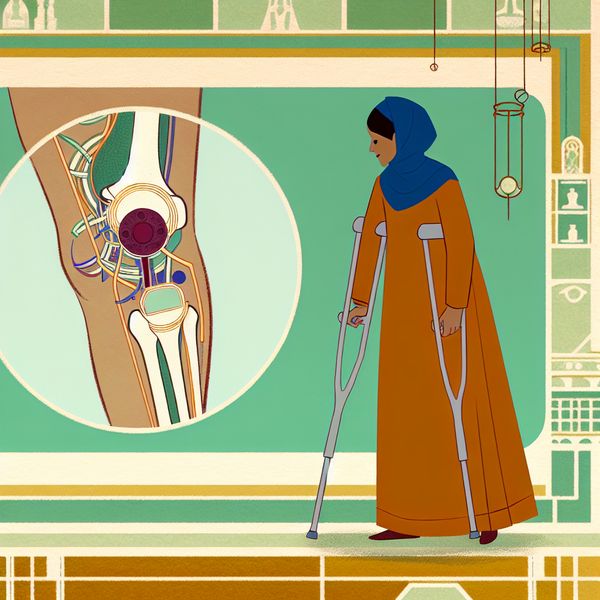 Anatomie van het been: bovenbeen, knie en onderbeen bij lopen en staan Illustratie van een persoon die opstaat met behulp van krukken, met educatieve focus op de anatomie van het been: bovenbeen, knie en onderbeen