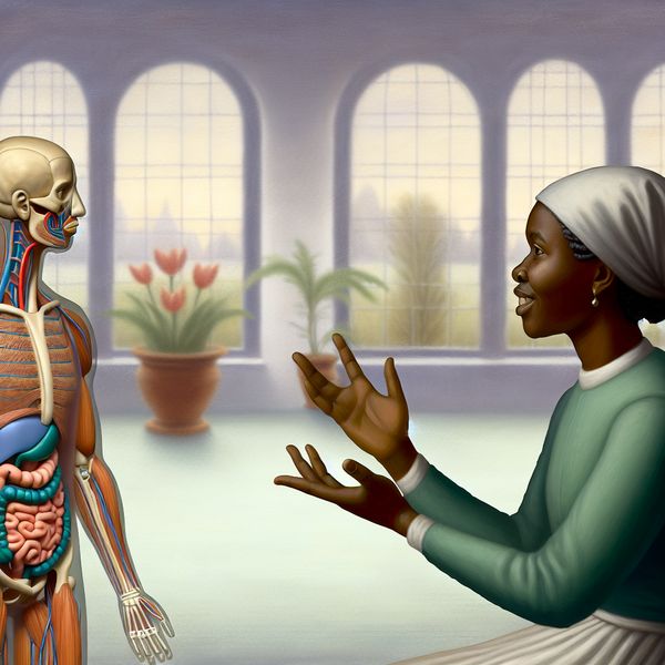 Dokter in een zacht verlichte kamer legt de anatomische structuur van het menselijk lichaam uit met een transparant anatomisch figuur.